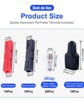 45A Quick Connect Battery Connector Kit For Modular Power Wiring And Quick Disconnects 10 Pair Set Compatible With AWG 10 12 14 600V Rated Heavy Duty High Current Battery Terminals For Auto Marine Solar DIY Projects, size chart with red black housings