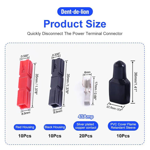 45A Quick Connect Battery Connector Kit For Modular Power Wiring And Quick Disconnects 10 Pair Set Compatible With AWG 10 12 14 600V Rated Heavy Duty High Current Battery Terminals For Auto Marine Solar DIY Projects, size chart with red black housings