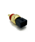Side view of engine coolant temperature sensor with brass body, red thread seal, and black 3-pin connector