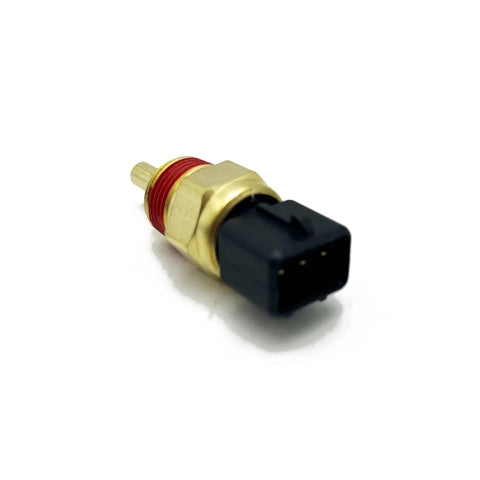 Side view of engine coolant temperature sensor with brass body, red thread seal, and black 3-pin connector