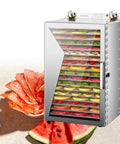 Heavy Duty Commercial Food Dehydrator With A Sweet Large Capacity And Kickin Performance For Preserving Fresh Fruits Veggies Meats And Herbs Stainless Steel Appliance filled with colorful fruit slices.