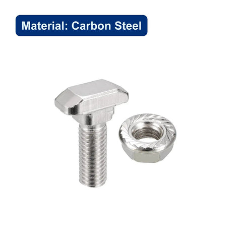 M8x25mm T Slot Drop-In Bolt And M8 Hex Nut Set, carbon steel, for 40 Series aluminum profiles, showing bolt and nut up close