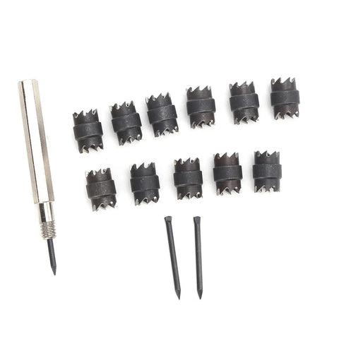 13-Piece Spot Weld Cutter Set 3/8 Inch Double-Sided Bits For Your Electric Drill Welding Tool Remover Kit For Stainless Steel Iron Aluminum And Thin Metal Sheets. Shown are 13 cutters arranged with pilot pins and arbors.