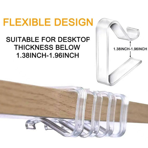 Close-up of 24 Pack Transparent Tablecloth Clips, showing flexible design on table edge with size 1.38 to 1.96 inches.
