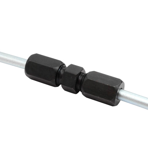 Close-up of 3/16-inch high-pressure compression union, black-oxide steel tube connector