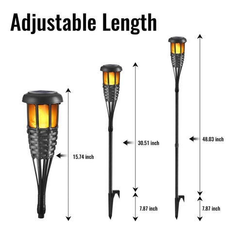Four Pack Outdoor Tiki Torches With Realistic Flickering Flame Waterproof Bamboo Handwoven Rattan Design in Black, adjustable height.