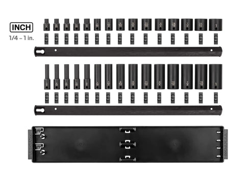 Three Eighths Inch Drive Six Point Impact Socket Set With Rails Thirty Piece Shallow And Deep Sockets From Quarter Inch To One Inch