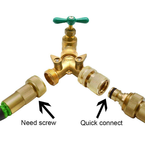 Garden Hose Quick Connect Fittings Set 3/4 Inch GHT Solid Brass Connectors With 2 Female Couplers And 2 Male Nipples Plus 4 Washers Easy Snap On System For Standard Hoses No Tools Needed, showing connectors and hose setup.