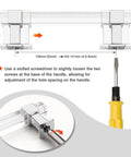 Diagram of 10 Pack 5 Inch Center To Center Adjustable Cabinet Handles showing adjustment method with screwdriver and measurement indications.