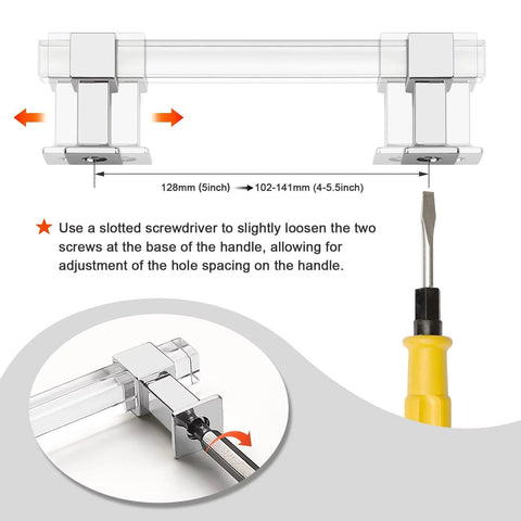 Diagram of 10 Pack 5 Inch Center To Center Adjustable Cabinet Handles showing adjustment method with screwdriver and measurement indications.