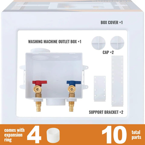 Washer Box With Pex A Expansion Inlet One Half Inch To Three Quarters Inch MHT Outlet Brass Valves Installed And Four Expansion Rings For Easy Hookup To Your Washing Machine And Laundry Piping, with box cover and brackets