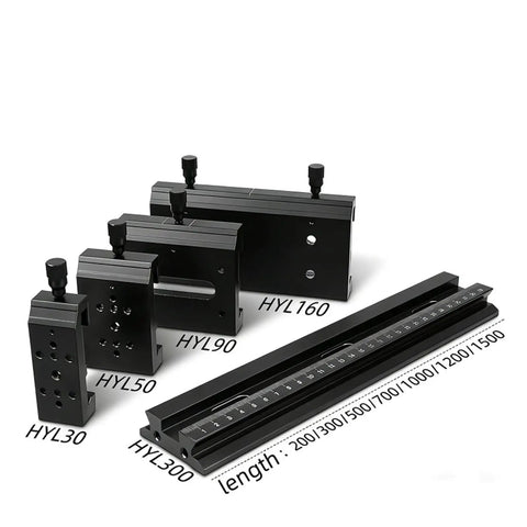 Heavy Duty Dovetail Translation Stage X Axis Linear Guide Slide Micro Positioning Platform For Pro Shop Optical Alignment and Dead On Accuracy Rig Setup With Fine Tuning Control, showing various lengths and components.