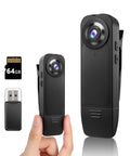 1080P HD Body Camera With Night Vision And 64GB Card On The Go Wearable POV Recorder showcasing compact size and included memory card.