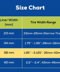 Size chart for liner widths in mm and tire width ranges, highlighting 38mm for 1.95 to 2.125 inch tires, Self Adhesive Tire Liner