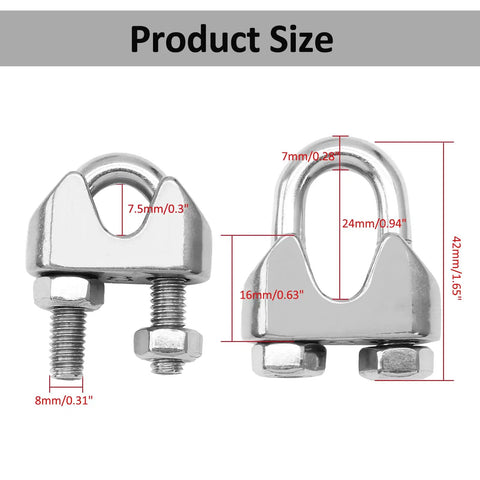 Dimensional view of 6 Pack Three Eighths Inch M10 Stainless Steel Wire Rope Clip Clamp U Bolt Saddle Fastener For Rigging