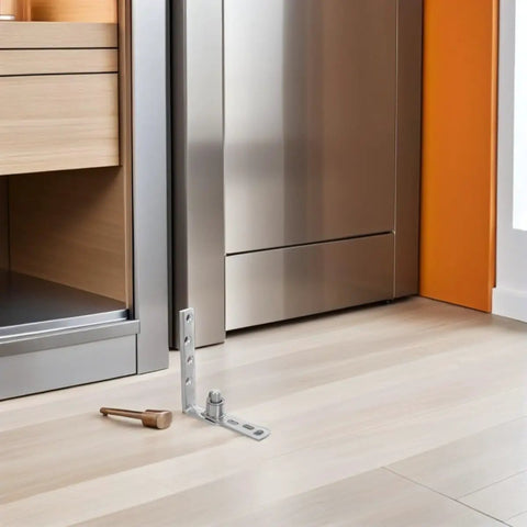 Double Swing Saloon Door Hinge With Gravity Return And Self Closing Spring Loaded Mechanism installed on wooden floor