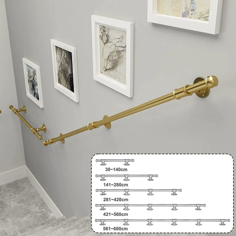 Heavy Duty Adjustable Round Tube Railing Kit For Decks And Stairs mounted on wall with gold finish, used for safety on stairs.