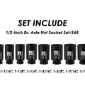 Half Inch Drive Deep Spindle Axle Nut Impact Socket Set, 6 Point, CR-MO Steel, SAE Sizes From 1 To 1-1/2 Inches, 8-Piece