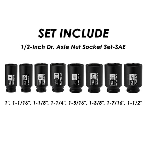 Half Inch Drive Deep Spindle Axle Nut Impact Socket Set, 6 Point, CR-MO Steel, SAE Sizes From 1 To 1-1/2 Inches, 8-Piece
