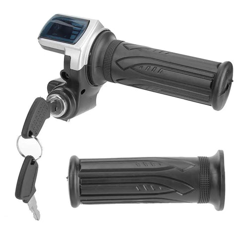 Half Twist Electric Bike Throttle with LED Power Indicator and Key Lock for 36V E Bikes and Scooters, black grip and key.
