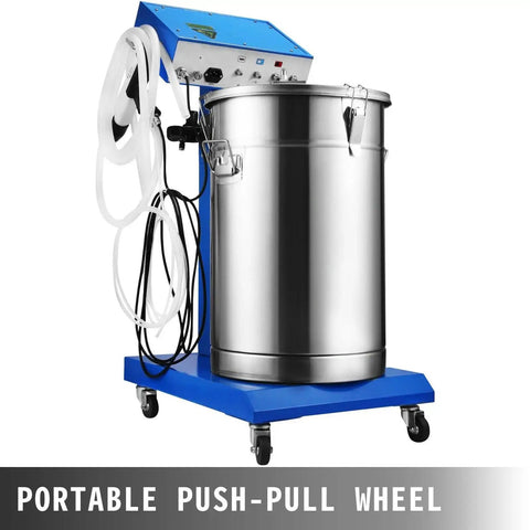 Industrial Powerhouse Electric Powder Coating Machine Equipped With Electrostatic Spray Gun For Slick Metal Results Featuring Badass Long Lasting Rust Defense And Corrosion Resistance on a portable push-pull wheeled stand.
