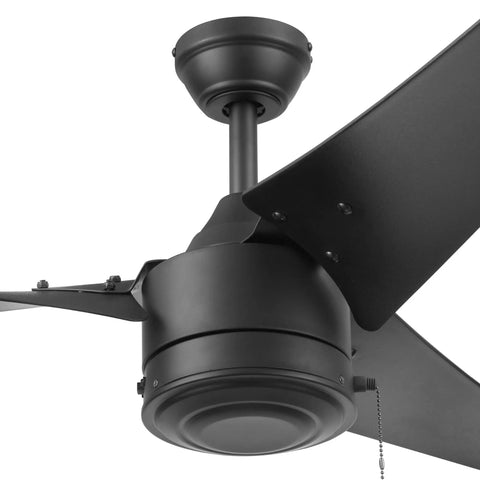 Chill Out Under This Awesome 56 Inch Flush Mount Low Profile Hugger Ceiling Fan No Light Wet Rated For Big Indoor Rooms And Outdoor Covered Patios Three Dual Finish Blades Easy Pull Chain Control Matte Black Finish close-up view of matte black motor and blades