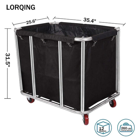 Built Like A Tank 12 Bushel Laundry Cart, Heavy Duty Stainless Steel Rolling Basket with dimensions 35.4 x 25.6 x 31.5 inches.