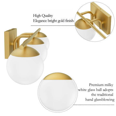 Slick Gold Vanity Light Fixture Three Light Mid Century Modern Bathroom Wall Sconce With Milky Glass Globe, 24 Inch Long