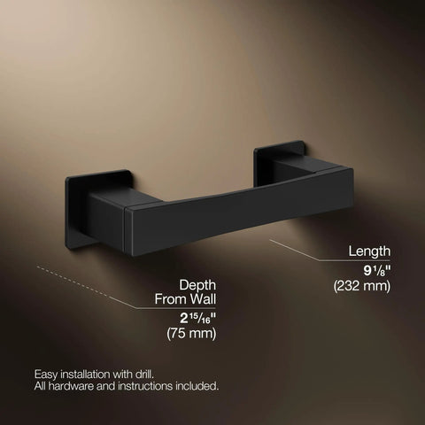 Matte black Honesty Pivoting Toilet Paper Holder With Quick Change Action And Clean Square Lines For A Sleek Modern Bath dimensions shown
