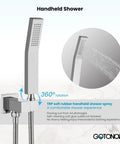Rain Shower Fixture Set With 8 Inch Rain Shower Head Handheld Sprayer Waterfall Tub Spout And Wall Mount Mixer Rough In Valve And Trim Included Polished Chrome Finish High Flow 1.28 GPM Easy Install showing handheld sprayer with 360-degree rotation