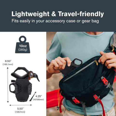 Person placing NexYZ Universal Smartphone Adapter in travel bag; lightweight design, measures 6.5 x 5.5 x 4.25 inches, 10 oz.