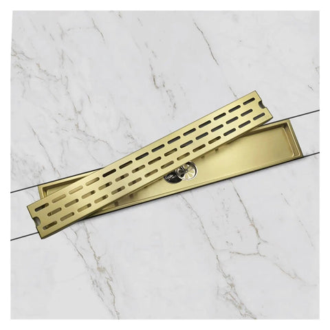 60 Cm Heavy Duty Square Invisible Floor Drain For Bathrooms And Showers Gravity Self Closing Stopper in gold on marble surface.