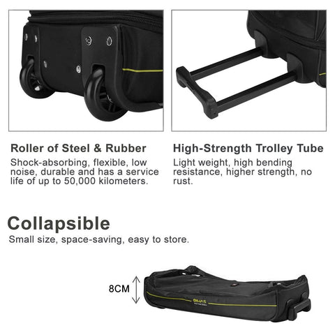 OIWAS 22-inch black rolling duffle bag with wheels; collapsible design, steel-and-rubber roller, high-strength trolley tube.