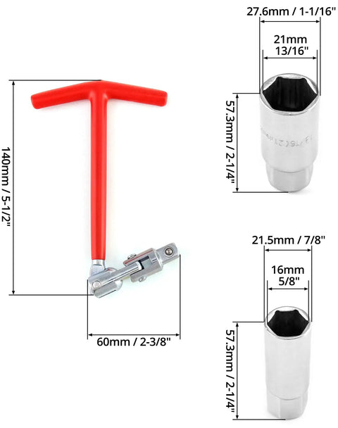 Universal Spark Plug Socket Wrench With T Handle For Easy Remove And Install Fits Five Eighths Inch And Thirteen Sixteenths Inch Spark Plugs 360 Degree Rotation And 270 Degree Folding Lightweight And Handy, showing dimensions and two sockets with T handle.