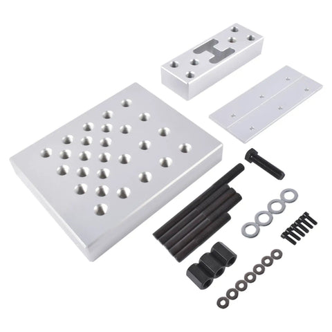 Heavy Duty Universal Drill Press Support Block Plate Tool Set Featuring 30 Ton Hydraulic Shop Press Plates For Bearing And Bushing Removal And Installation Wheel Hub And Suspension Repair Ready aluminum plates, bolts, washers, and spacers