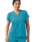 Fresh Fit V Neck Scrub Tops For Women All Day Comfy Teal Blue Addition Collection, short sleeves, pockets, stretchy fabric.