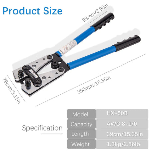 Heavy Duty Battery Lug Crimp Tool With Cable Cutter And 12 Copper Lugs Set, Crimps AWG 8 To 1/0 Cables with 15.35-inch length shown