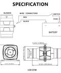 Heavy Duty Inline Marine Bilge Blower Fan DC 12 Volt 130 Cfm Slick White Abs Housing dimensions and specifications diagram.