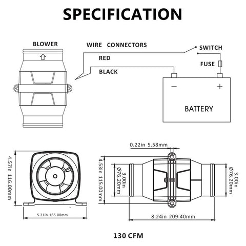 Heavy Duty Inline Marine Bilge Blower Fan DC 12 Volt 130 Cfm Slick White Abs Housing dimensions and specifications diagram.