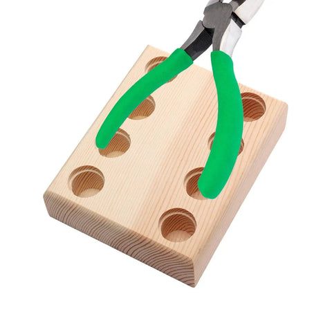 Wooden pliers organizer block with green-handled pliers, Multi Slot Pliers Organizer And Tool Storage Rack For Workshop And Garage Cabinets