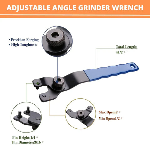 Adjustable angle grinder wrench with blue handle and measurements, featuring pin height and diameter details.