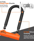 Heavy Duty Bike U Lock With 5ft Steel Cable, 17mm Shackle, Keys, And Sturdy Mounting Bracket, Anti Theft U Lock For Road, Mountain, And Electric Bikes, Weatherproof And Scratch Resistant Orange close-up with 17mm shackle
