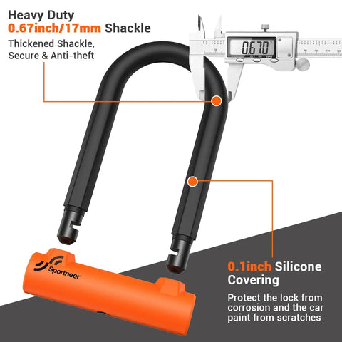 Heavy Duty Bike U Lock With 5ft Steel Cable, 17mm Shackle, Keys, And Sturdy Mounting Bracket, Anti Theft U Lock For Road, Mountain, And Electric Bikes, Weatherproof And Scratch Resistant Orange close-up with 17mm shackle