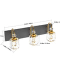 Dimensions diagram of Three Light Black Metal And Crystal Vanity Light Fixture For Modern Bathrooms With E26 US Socket