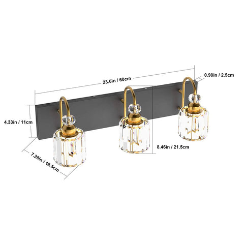 Dimensions diagram of Three Light Black Metal And Crystal Vanity Light Fixture For Modern Bathrooms With E26 US Socket