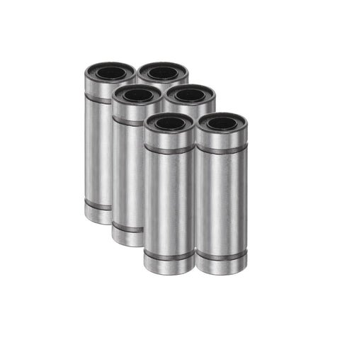 Six LM10LUU linear ball bearings, 10mm bore, steel housings with rubber seals, front-angle view.