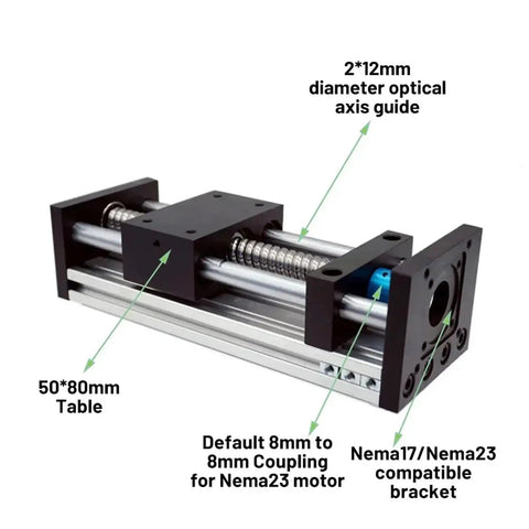 Heavy Duty Nema 23 Motor Sliding Table Kit With Linear Guide Rail And Precision Optical Axis Slide Stage For DC 24V CNC Workbench with 50x80mm table.