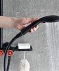 Black handheld shower head from CUTPOIY Shower Set, Wall Bathroom Shower Mixers, 10 Inch-A, with water flow against a wall.
