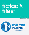 Tic Tac Tiles logo and "1% for the Planet" member badge on a turquoise and white background.