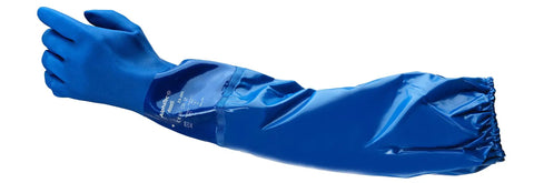 Heavy Duty Elbow Length Pvc Work Gloves With Rough Nonskid Grip Built For The Daily Grind Handles Grease And Slippery Locations Medium Blue Single Pair side view showing the blue glove's grip and elbow length design.